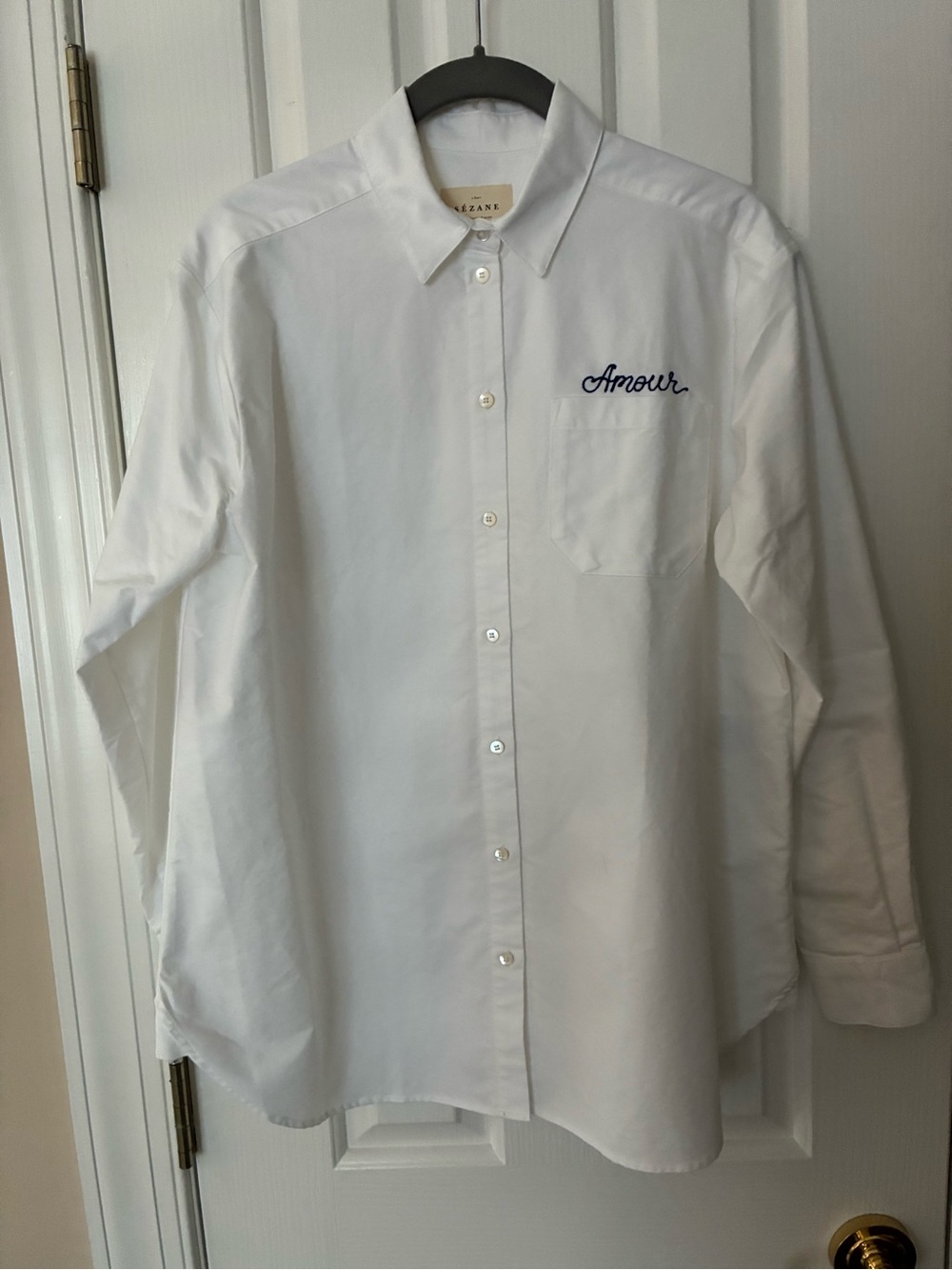 Sezane Charlie Shirt Oversized White with Embroidery Amour NWOT